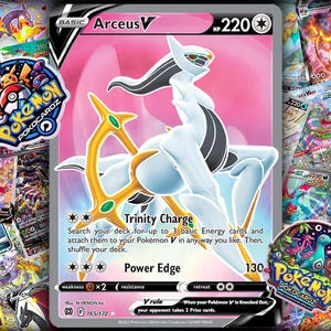 May include: A Pokemon trading card featuring Arceus V, a white and black creature with gold accents, set against a pink background. The card has text including "Trinity Charge" and "Power Edge", surrounded by other Pokemon cards.