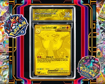 May include: A gold Mega Charizard EX Pokémon card, graded as Gem Mint 10, with the text "Mega Hyper Rare #130". The card features a Charizard illustration and is encased in a protective holder, surrounded by other Pokémon cards.