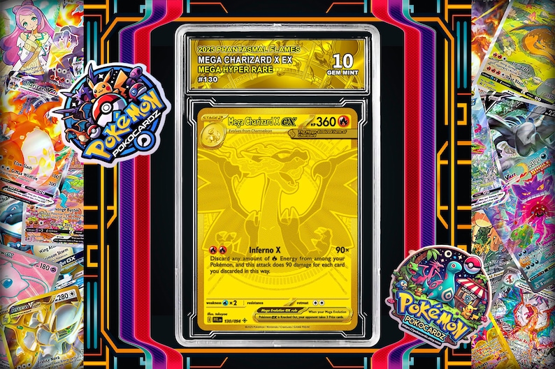 May include: A gold Mega Charizard EX Pok&eacute;mon card, graded as Gem Mint 10, with the text "Mega Hyper Rare #130". The card features a Charizard illustration and is encased in a protective holder, surrounded by other Pok&eacute;mon cards.