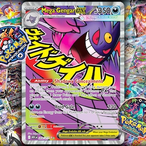 Puede incluir: Una carta Pokémon Mega Gengar EX con un diseño morado y rosa, con el texto "Mega Gengar EX" y "Shadowy Concealment". La carta tiene 350 PS y está rodeada de otras cartas y pegatinas de Pokémon.