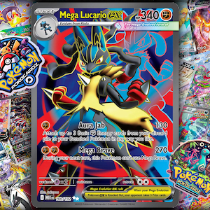 May include: A Mega Lucario EX Pokémon card with a black, yellow, and red color scheme. The card features the text "Aura Jab" and "Mega Brave". The card is surrounded by other Pokémon cards and two "Pokemon Pokocardz" stickers.