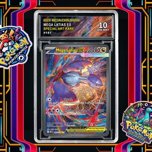 May include: A graded Mega Latias EX Pokémon card, featuring a purple and blue creature with a colorful background. The card is labeled "Special Art Rare" and graded as "Gem Mint 10". The image includes Pokémon Pokocardz stickers.