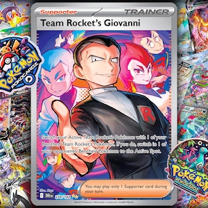 Puede incluir: Una carta de Pokémon con Giovanni del Team Rocket, con una ilustración central de un hombre con un traje negro. La carta tiene un borde plateado e incluye texto sobre el cambio de Pokémon. Otras cartas de Pokémon y logotipos rodean la carta principal.