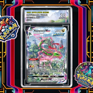 Rayquaza VMAX · Evolving Skies (EVS) #218 proxykaart + beoordelingsplaat + aangepast label (volledig holografisch)