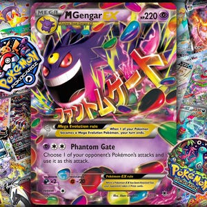 May include: A vibrant Pokémon trading card featuring Mega Gengar EX with a purple and pink color scheme. The card has the text "Phantom Gate" and "Mega Evolution rule". The image is surrounded by other Pokémon cards and a "Pokocardz" sticker.