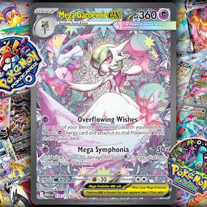 May include: A Mega Gardevoir EX Pokémon card with a 360 HP rating. The card features a detailed illustration of Gardevoir in shades of pink, white, and green. The card is surrounded by other Pokémon cards and a Pokémon Pokocardz sticker.