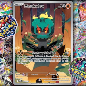 May include: A Pokémon trading card featuring Marshadow, a teal and black creature with glowing red eyes, set against a forest backdrop. The card is surrounded by other colorful Pokémon cards and two "Pokemon Pokocardz" stickers.