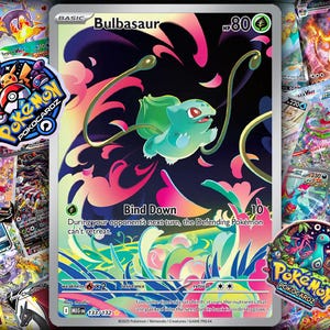 May include: A Bulbasaur Pokémon trading card with a green Bulbasaur character, set against a colorful background of pink, blue, and green. The card features the text "Bind Down" and "80" HP. Surrounding the card are other Pokémon cards and two "Pokemon Pokocardz" stickers.