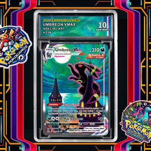 Umbreon VMAX · Evolving Skies (EVS) # 215 proxykaart + beoordelingsplaat + aangepast label (volledig holografisch)