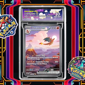 Charizard ex · 151 (MEW) #199 proxykaart + beoordelingsplaat + aangepast label (volledig holografisch)