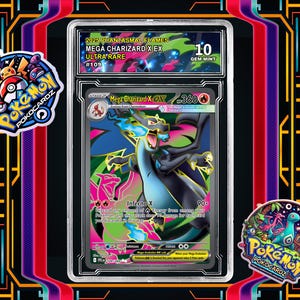 Puede incluir: Una carta Pokémon Mega Charizard X EX Ultra Rare calificada. La carta presenta una ilustración de un dragón negro, azul y rosa. La carta está encerrada en un soporte protector transparente con una calificación Gem Mint 10. El fondo incluye otras cartas Pokémon y logotipos.