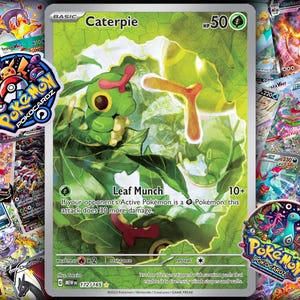 May include: A green Caterpie Pokémon card with a leaf background. The card features the text "Caterpie" and "Leaf Munch". Surrounding the card are other Pokémon cards and two Pokémon Pokocardz stickers.
