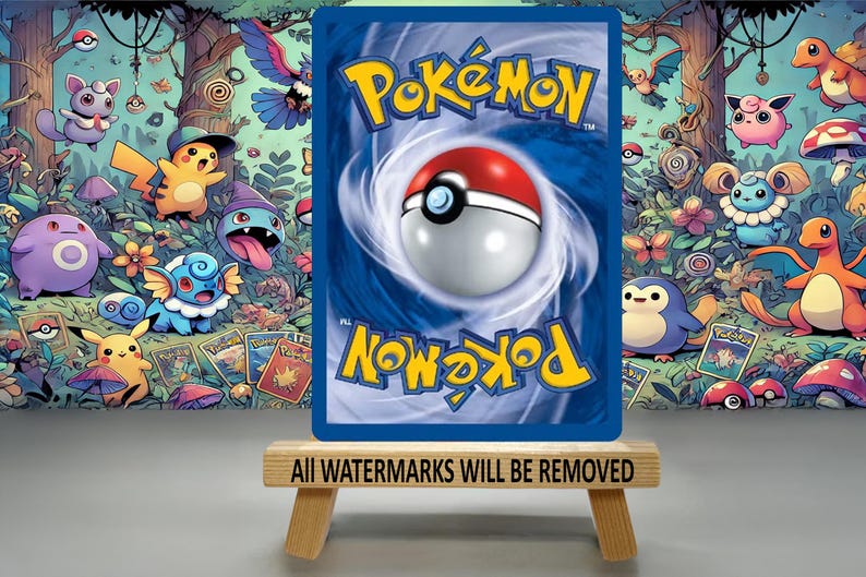 May include: A Pok&eacute;mon trading card with a blue background and the Pok&eacute;mon logo in yellow. The card features a Pok&eacute; Ball design. The card is displayed on a small wooden stand with the text "ALL WATERMARKS WILL BE REMOVED".