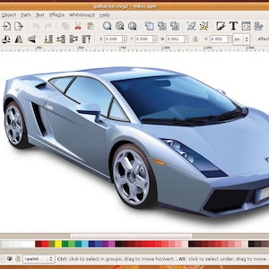Peut inclure: Une voiture de sport Lamborghini Gallardo argentée est affichée dans un programme informatique. La voiture est rendue en 3D et est affichée sous un angle légèrement surélevé. La voiture est sur un fond blanc.