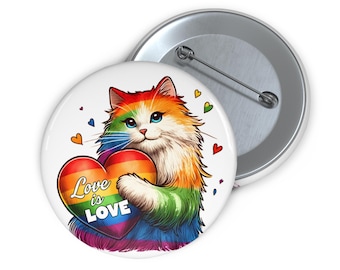 Rainbow Cat Love is Love Custom Pin Buttons, LGBTQ Pride Badge, Ally Gift, Partner Gift, Stocking Stuffer, Goodie Bag Grab Bag filler