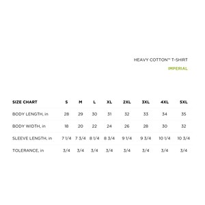 May include: Size chart for a heavy cotton t-shirt in imperial measurements. The chart shows sizes from S to 5XL with measurements for body length, body width, sleeve length, and tolerance in inches.