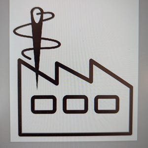 May include: Black and white illustration of a factory with a needle and thread coming out of the chimney.