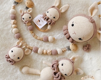 Schnullerkette Kinderwagenkette Rassel Musikuhr Puppe Häschen modell in creme braun