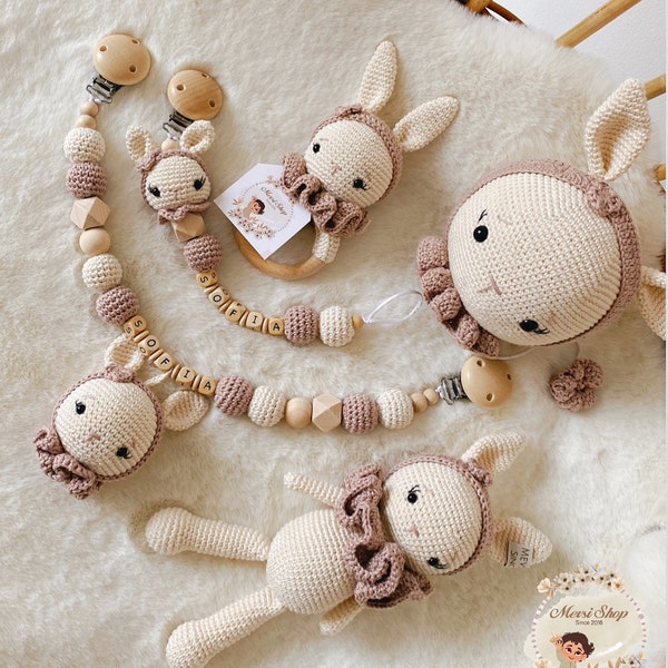 Schnullerkette Kinderwagenkette Rassel Musikuhr Puppe Häschen modell in creme braun