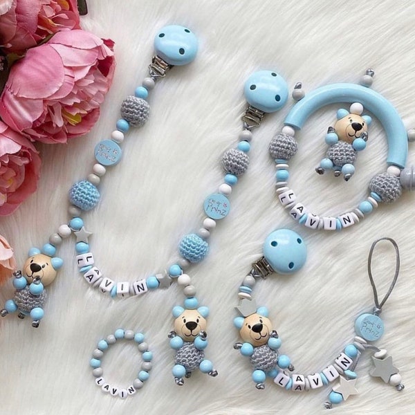 Tétine chaîne de préhension jouet bébé bracelet chaîne de poussette sertie en bleu gris
