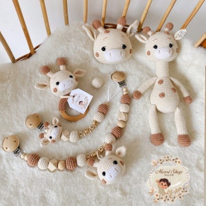Pacifier chain rattle stroller chain doll music box set giraffe cream brown
