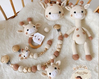 Speenketting rammelaar kinderwagenketting poppenspeeldoos set giraffe crème bruin