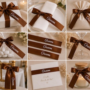May include: A collection of brown satin ribbons featuring the white embroidered text Groom. These ribbons are shown tied around various items including a gift box, a napkin, a fabric pouch, a glass, a chair, and a candle, plus a card.