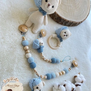 Pacifier chain rattle stroller chain doll bear in cream blue