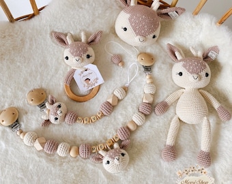 Pacifier chain, rattle, stroller chain, doll musical toy, deer model, cream/brown