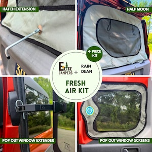 May include: A 4-piece fresh air kit for campers featuring a hatch extension, a half moon window screen, a pop out window extender, and pop out window screens. The kit includes beige fabric panels with black trim and mesh inserts for ventilation.