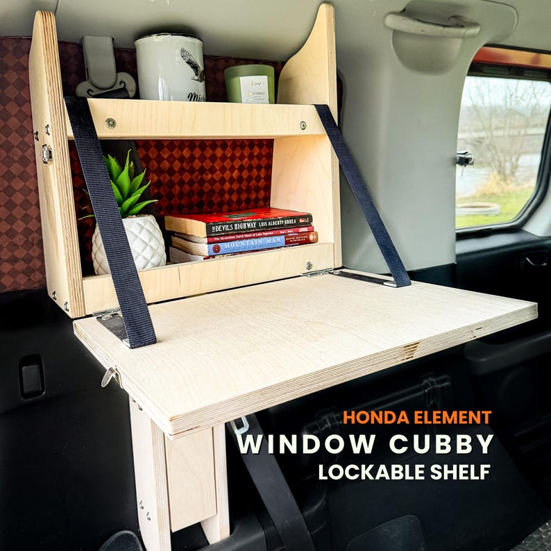 Honda Element Window Pocket Cubby, Element Camper Shelves, Element Camping, Van Living, Car Organizer | E-life Campers CUBBY + LOCK SHELF