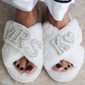 Custom Bride Slippers Future MRS Slippers Bachelorette Party Slippers Bridal Shower Bridesmaids Gift Wedding Day Adult Fur Slippers Cross