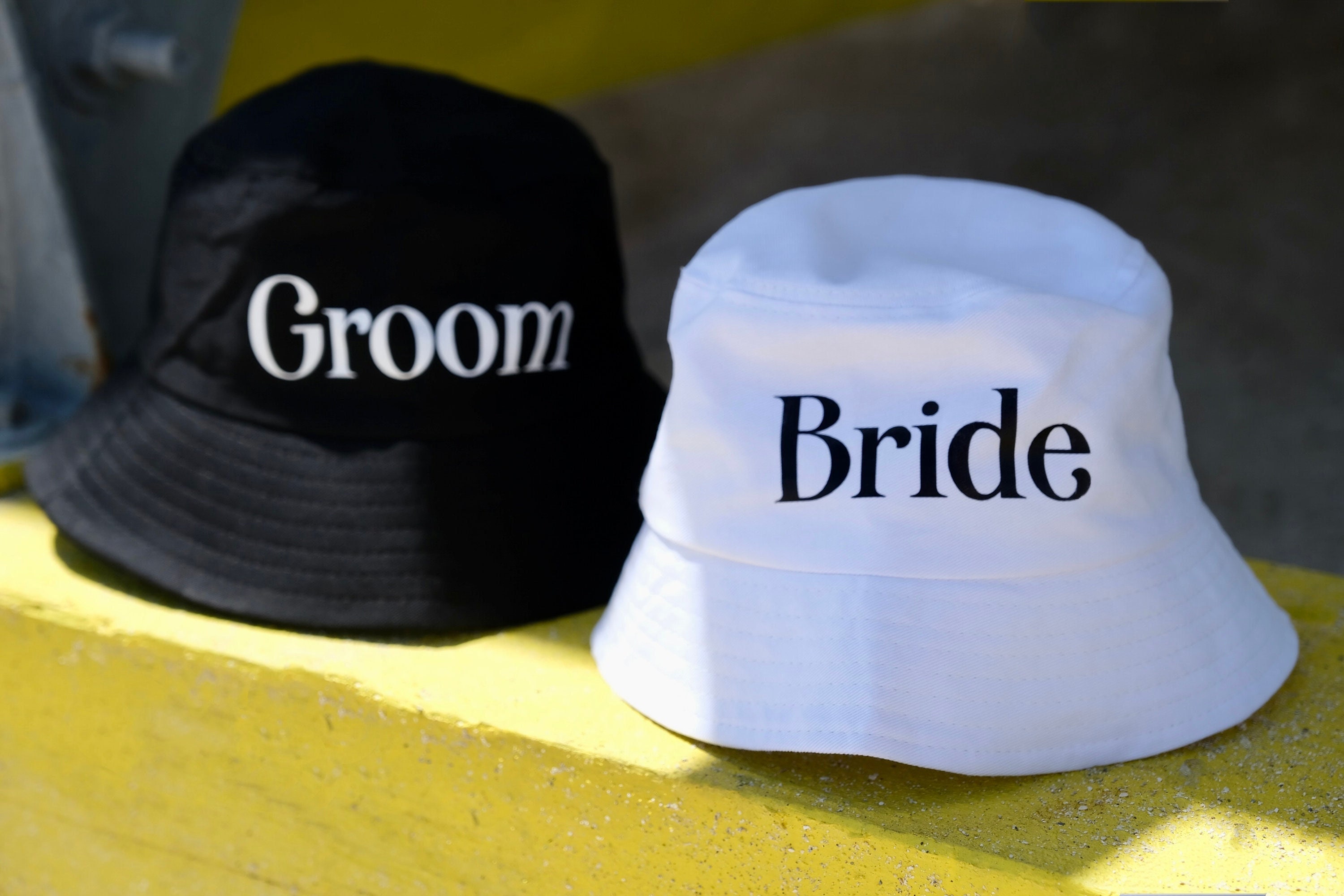 bride and groom bucket hats