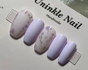 Purple lavender color flower press on nails