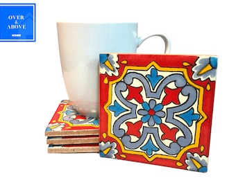 Coasters Set ~ Coronado ~ Handmade Authentic Mexican Talavera Tile Drink Coasters Set Handmade Home Decor Living Room Coffee Table