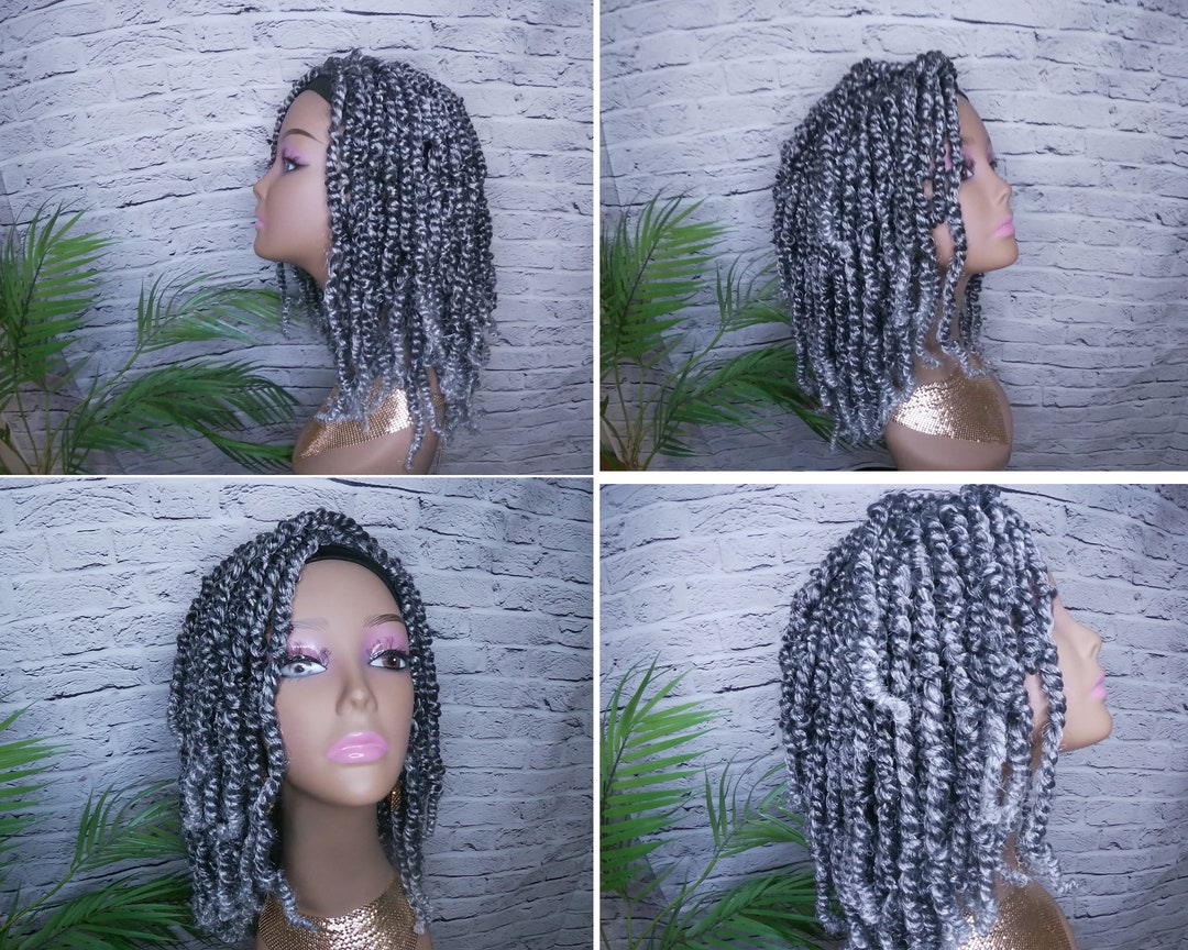Grey Headband Wig Faux Locs Bomb Twist Grey Updo Braid Wig Ponytail Wig ...
