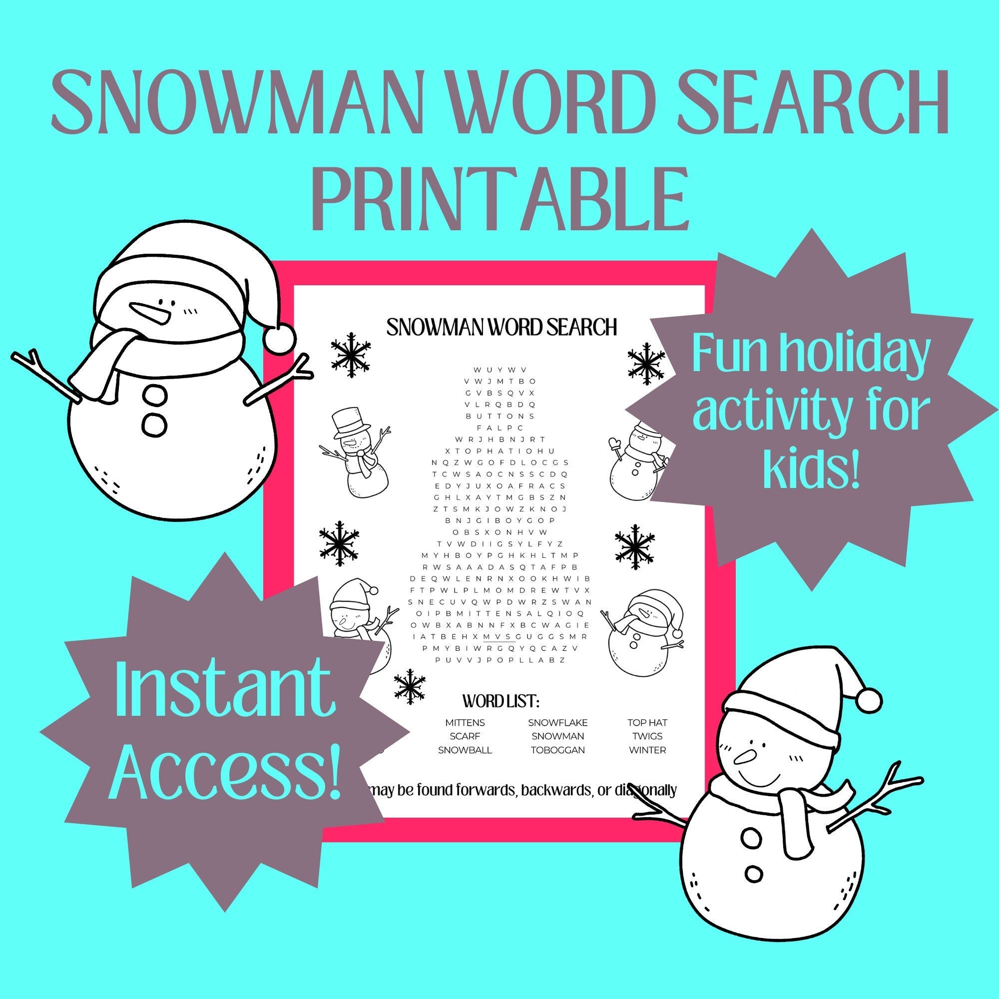 Snowman Word Search Printable for Kids Students Holiday Activity - Etsy