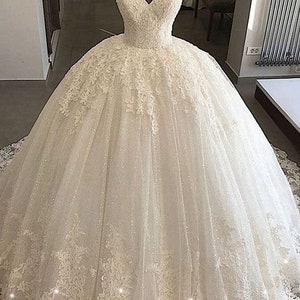 Lace Appliques Ball Gown Glitter Wedding Dresses V-neck off - Etsy