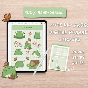 Pegatinas digitales de ranas y hongos para Goodnotes + notas adhesivas adicionales / Estética linda/estilo kawaii / Pegatinas para agenda y diario digital