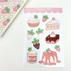 Kawaii Strawberry Dessert Stickers: Glossy Vinyl Treats Sticker Sheet