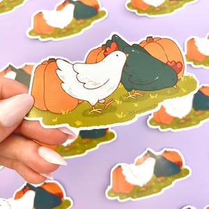 Autumn Chickens in a Pumpkin Patch Vinyl Sticker | Matte Finish | Fall Season | Waterproof and Dishwasher Safe | Stationery | Cute/Kawaii