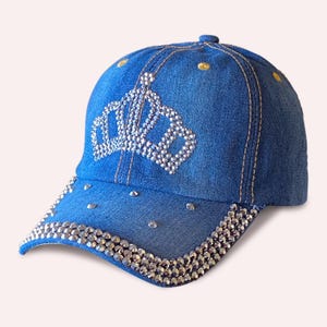 Bling Hat for Women, Princess Crown Rhinestone Adjustable Ball Cap, Bedazzled Denim Hat, The Perfect Gift for Ladies