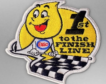 Esso Oil Drop Man 1st to the finish line Embroidered Patch for Hats, Jackets & Uniforms, Iron-On/Sew-On