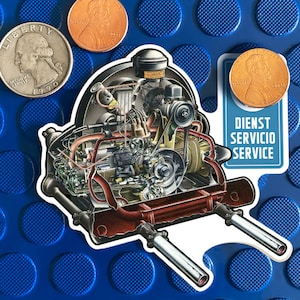 Air Cooled Beetle 36hp 6v Cutaway Motor Transparent Self-Adhesive Sticker Decal, 3 inch X 3 inch