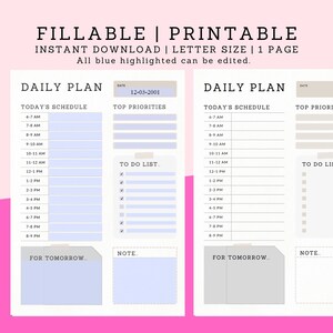 Peut inclure: Un planificateur quotidien imprimable avec deux pages, chacune avec une section pour l'horaire du jour, les priorités principales, la liste des choses à faire et des notes. La date est le 12-03-2001.