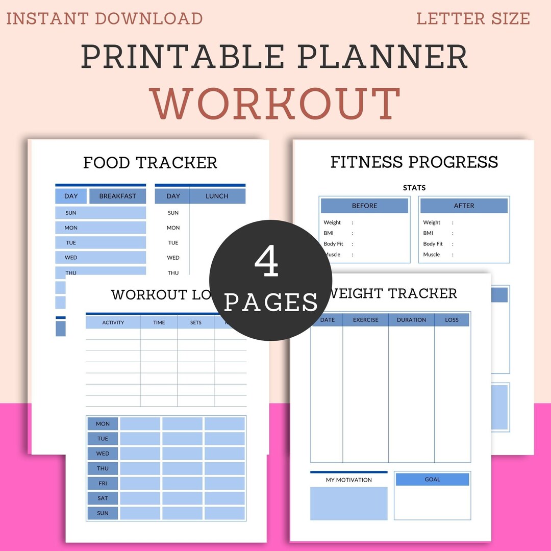 Minimalist Blue Workout Tracker Planner | Productivity or Habit Planner ...