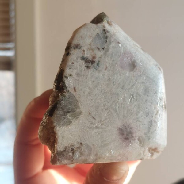 Eu1 Extremely RARE Transformation Raw Natural Euphoralite with Lepidolite, Albite, Half-Polished Speciman