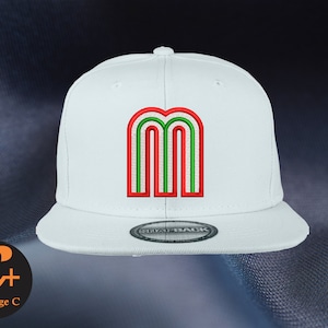 May include: White baseball cap with a red, green, and white embroidered letter "M" on the front.