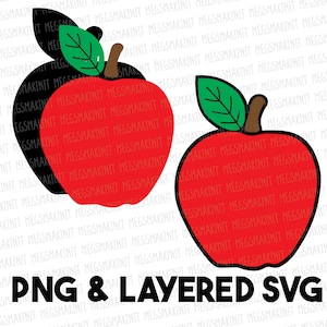 May include: Two red apple clip art images with black outlines and green leaves. The text "PNG & LAYERED SVG" is below the apples.