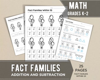 Fact Families Within Ten | 25 Printable Worksheets | Addition/Subtraction | Grades Kindergarten, 1st, 2nd | Homeschool | Teaching Resources